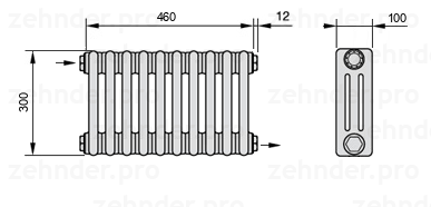 Схема (чертеж) Радиатор Zehnder Charleston 3030/10 №1670 Белый глянцевый RAL 9016